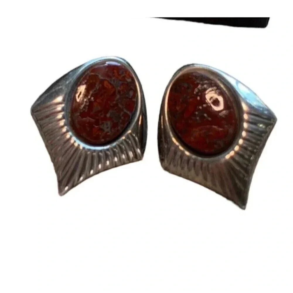 Vintage Silver Brecciated Jasper Earrings Oval Stone Boho Hippie Natural 1in - Picture 4 of 5